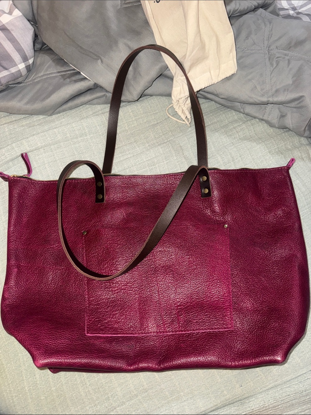 Portland Leather Plum Tote with Dark Brown Straps